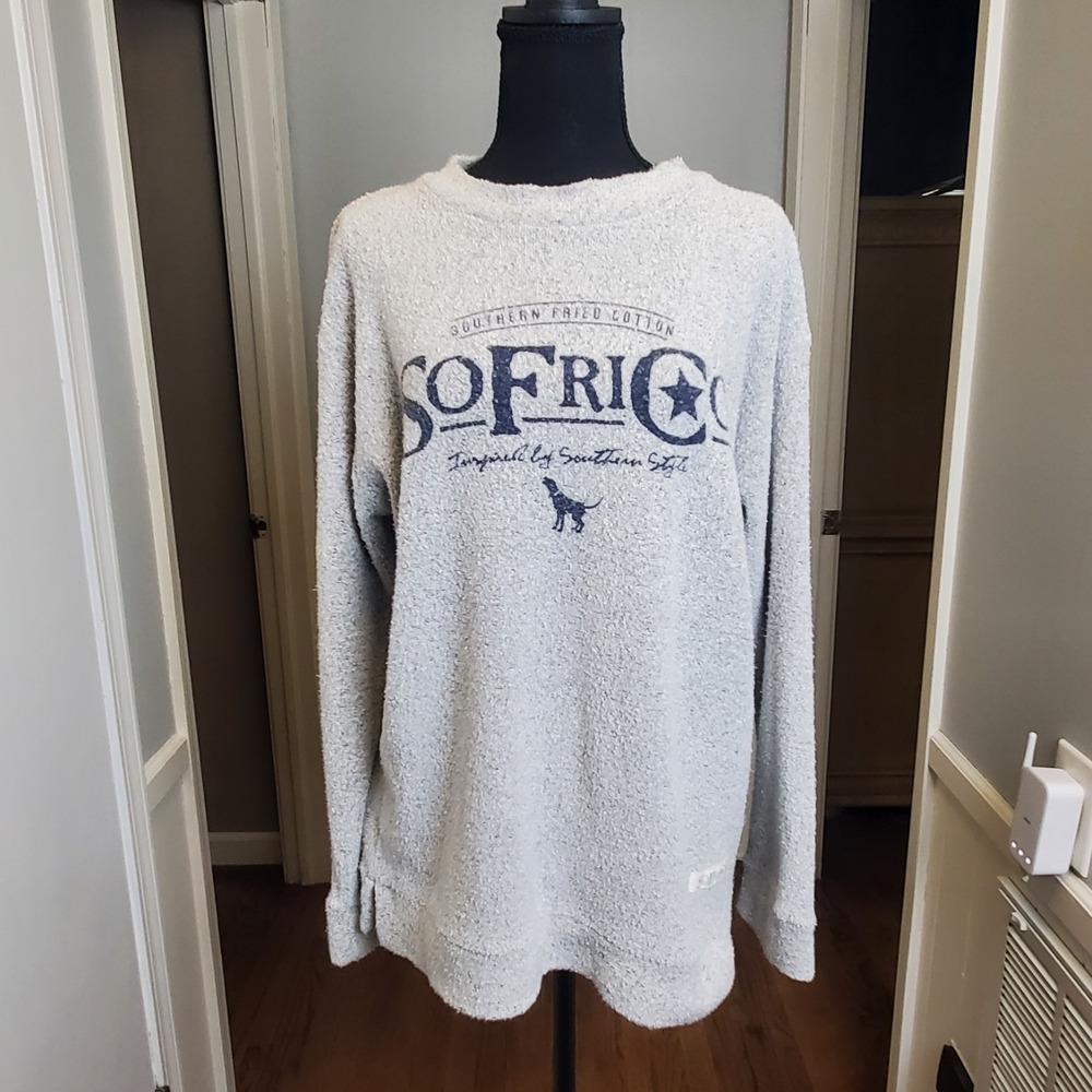 Southern Fried Cotton Crew Neck Sweater Womens Large Comfy Terry Light Blue/Gray